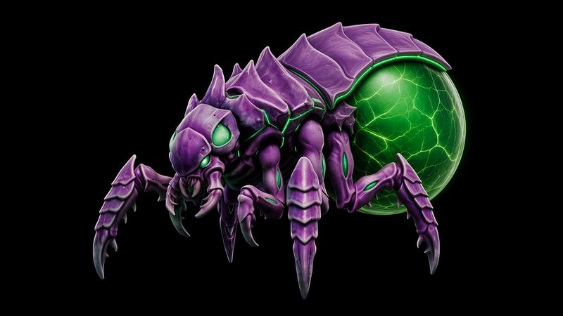 Fed Grubling concept sheet. A purple Vesk with a swollen green rear sac, drawn from several angles.