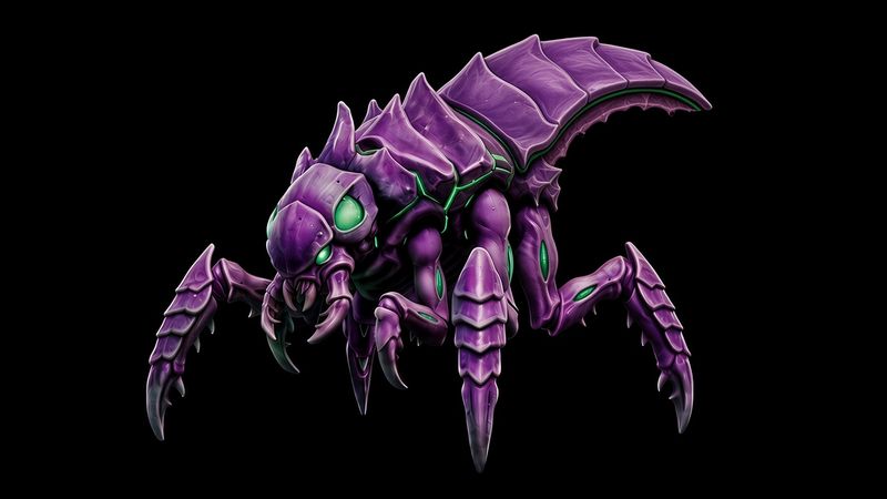 Hungry Grubling concept sheet. A purple Vesk with a shrivelled sac under the rear plate, drawn from several angles.